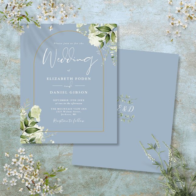 Convite de Casamento com Arco Floral Azul Poeira O (Budget Dusty Blue Floral Gold Arch Wedding Invite)