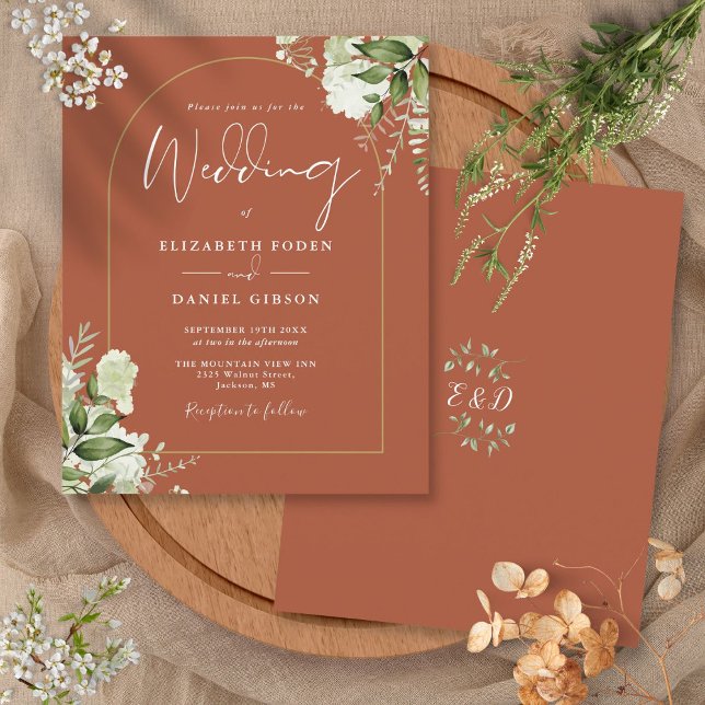 Convite de Casamento com Arco Floral de Terracota  (Budget Terracotta Floral Gold Arch Wedding Invite)