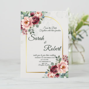 Convite de Casamento com Arco Floral Dourado e Beg