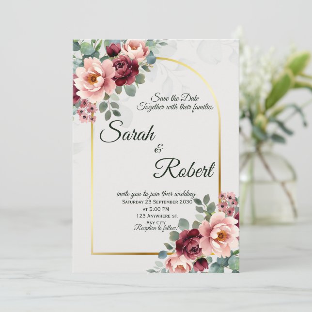 Convite de Casamento com Arco Floral Dourado e Beg (Em pé/Frente)