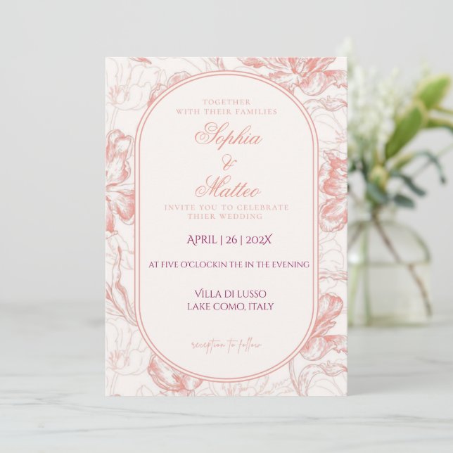 Convite de Casamento com Arco Floral Elegante Rosa (Em pé/Frente)