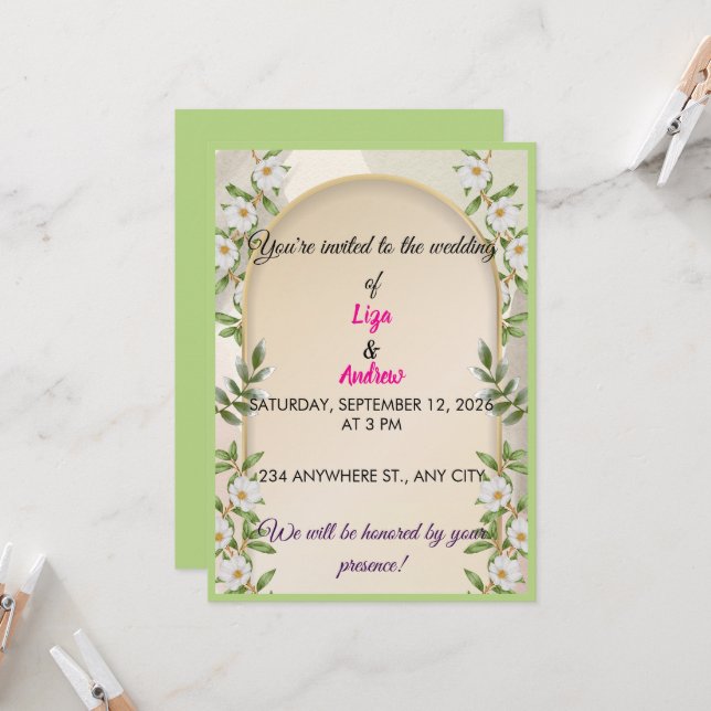 Convite de Casamento com Arco Floral Verde e Branc (Frente/Verso In Situ)