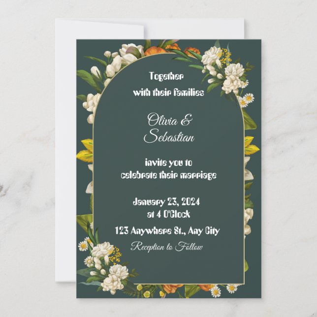 Convite de Casamento com Arco Floral Verde Escuro (Frente)