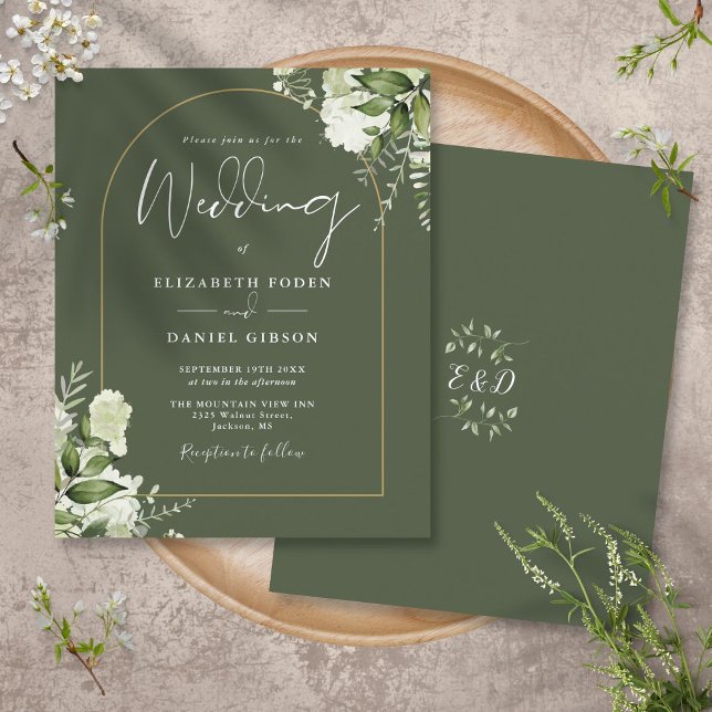 Convite de Casamento com Arco Floral Verde Oliva D (Budget Olive Green Floral Gold Arch Wedding Invite)