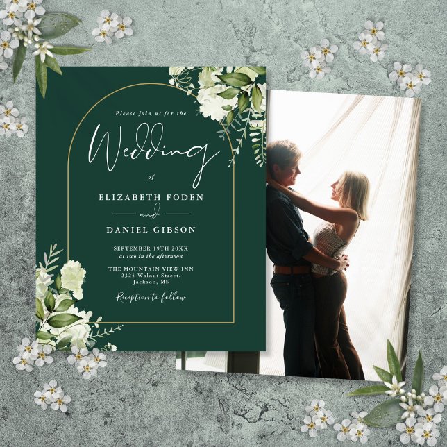 Convite de Casamento com Arco Floral Verde Orçamen (Budget Green Floral Arch Photo Wedding Invite)