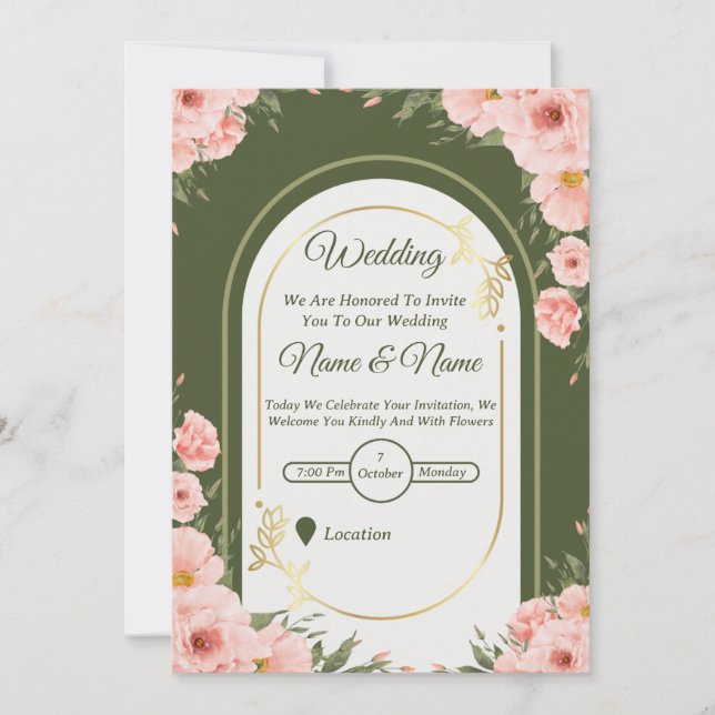 Convite de Casamento com Arco Floral Verde Sálvia (Frente)