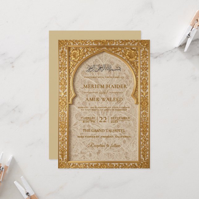 Convite de casamento com arco islâmico real creme  (Frente/Verso In Situ)
