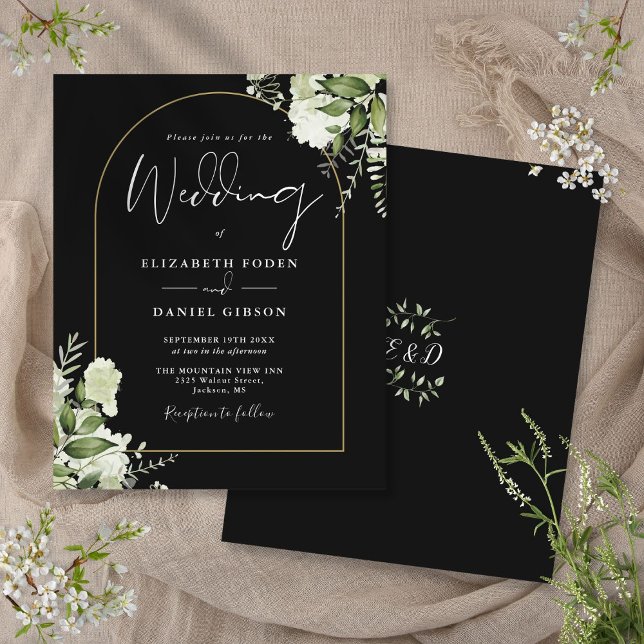Convite de Casamento com Arco Preto e Dourado de F (Budget Floral Black And Gold Arch Wedding Invite)