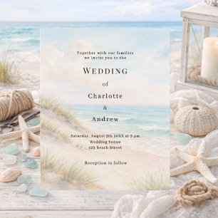 Convite de casamento com areia de dunas na praia e