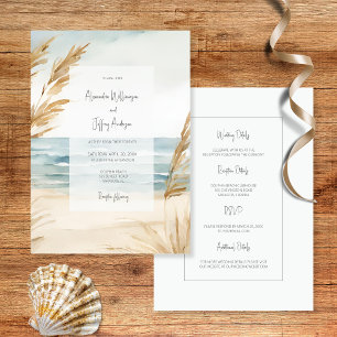 Convite de Casamento com Areia e Ondas em Aquarela