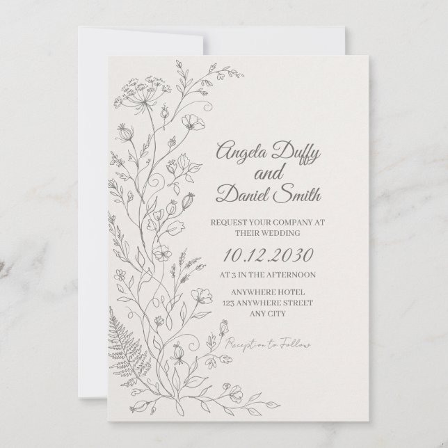 Convite de Casamento com Arte de Linha Botânica Mi (Frente)