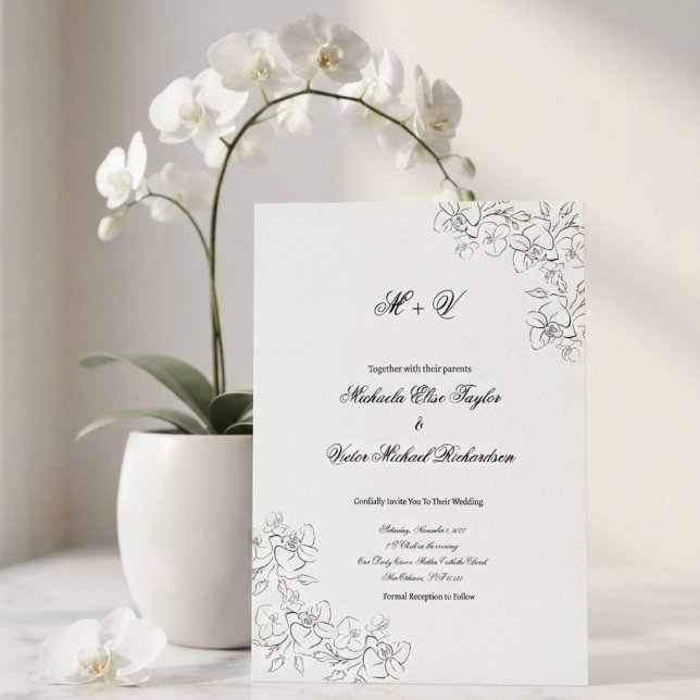 Convite de Casamento com Arte de Linha de Orquídea (Criador carregado)