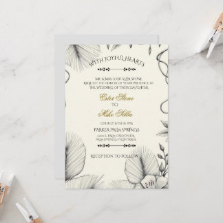 Convite de casamento com arte em linha botânica