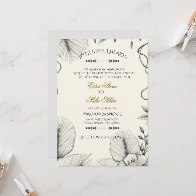 Convite de casamento com arte em linha botânica (Frente/Verso In Situ)