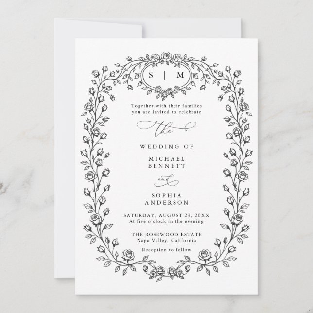 Convite de Casamento com Arte em Linha Floral (Frente)