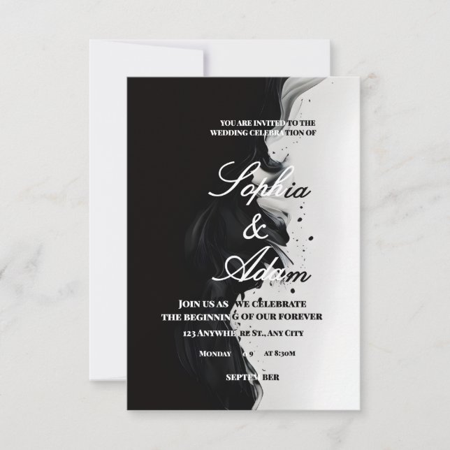 Convite de Casamento com Arte em Tinta Preta e Bra (Frente)