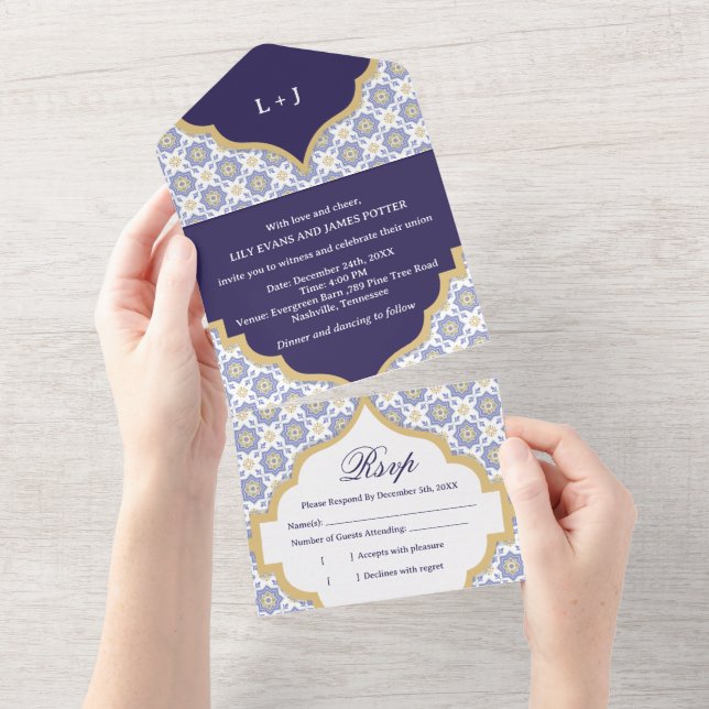 Convite de Casamento com Azulejo Marroquino Índigo (Aba destacável)
