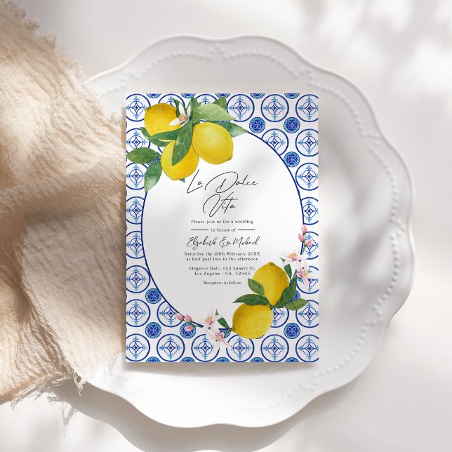 Convite de Casamento com Azulejos Italianos de Lim (La Dolce Vita Italian Lemon Tiles Wedding QR Code Invitation)