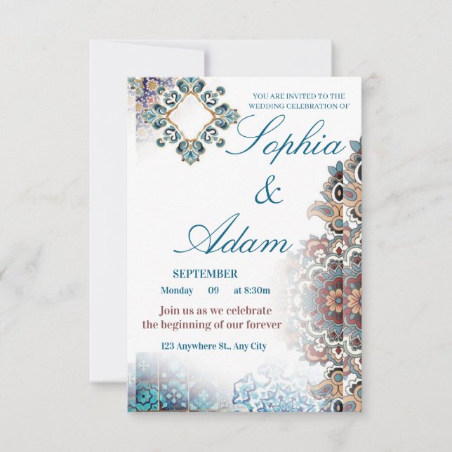 Convite de Casamento com Azulejos Marroquinos Eleg (Frente)