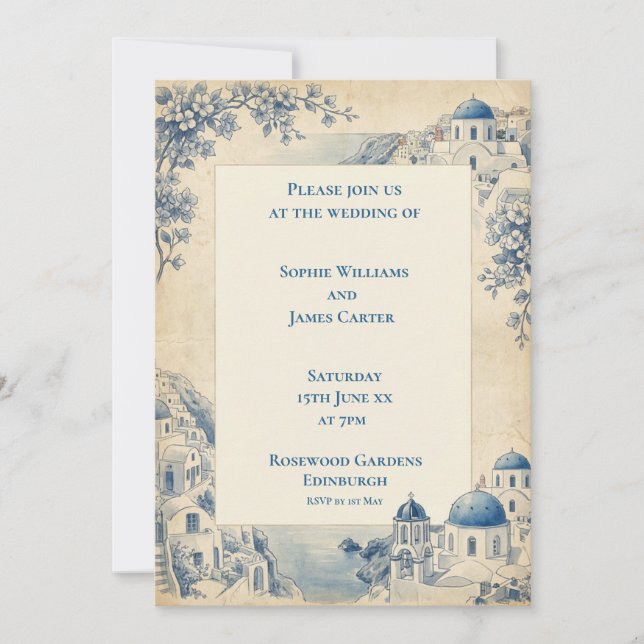 Convite de Casamento com Borda de Azulejo Azul de  (Frente)