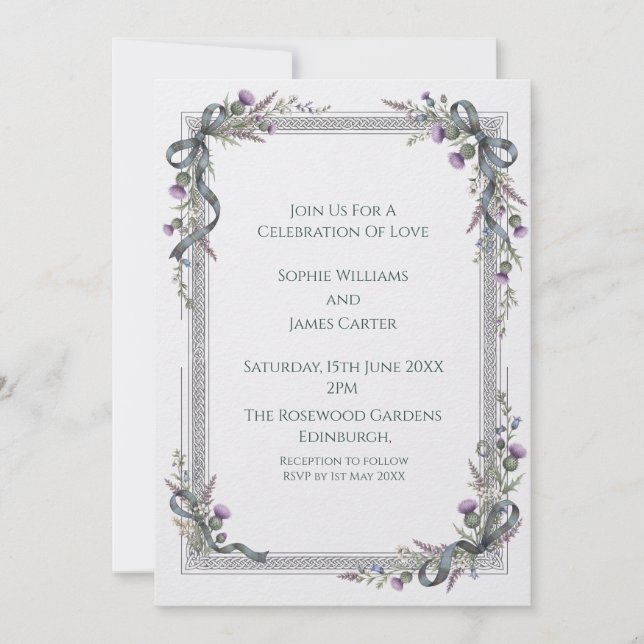 Convite de Casamento com Borda de Cardo em Aquarel (Frente)