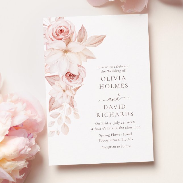 Convite de Casamento com Borda de Rosa Blush Suave (Bohemian White and Pink Roses Wedding Invitation on a pastel pink table with pale pink peonies.)