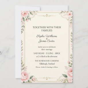 Convite de Casamento com Borda Floral Rosa Dourado