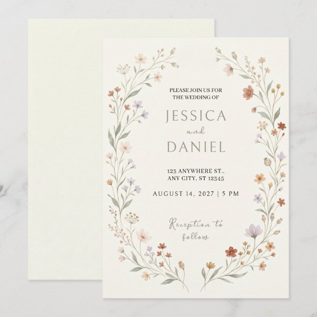 Convite de Casamento com Bordadura Floral em Pêsse (Frente/Verso)