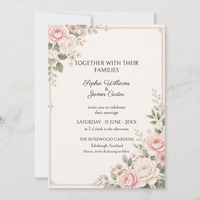 Convite de Casamento com Bordas de Verde e Rosa Co (Frente)