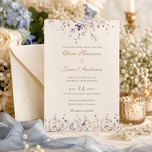 Convite de Casamento com Bordas Florais em Azul De (Dusty Blue Floral Border Wedding Invitation)