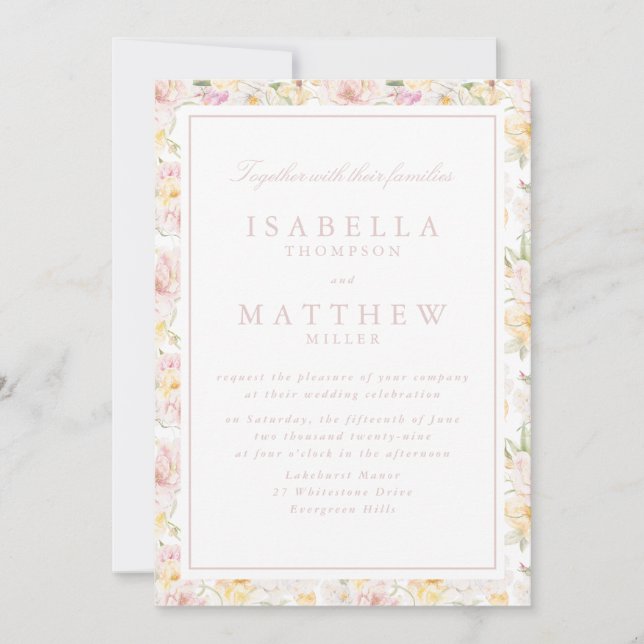 Convite de Casamento com Bordas Florais Pastel (Frente)