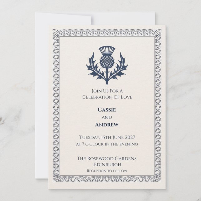 Convite de Casamento com Brasão de Cardo Azul Esco (Frente)