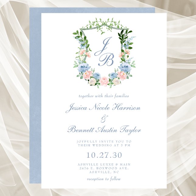 Convite de Casamento com Brasão Floral Azul Empoei (Criador carregado)