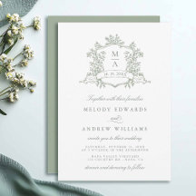 Convite de Casamento com Brasão Floral Verde Sage 
