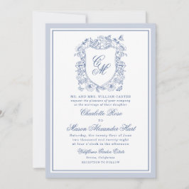 Convite de Casamento com Brasão Floral Vintage Azu