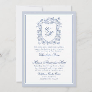 Convite de Casamento com Brasão Floral Vintage Azu