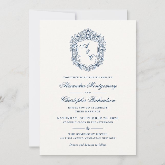 Convite de Casamento com Brasão Monograma Barroco  (Frente)