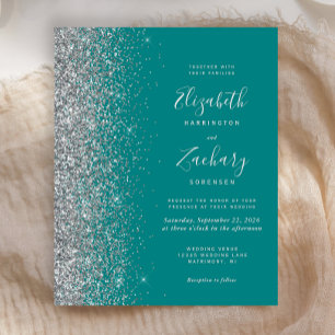 Convite de Casamento com Brilho Azul Teal Prata co