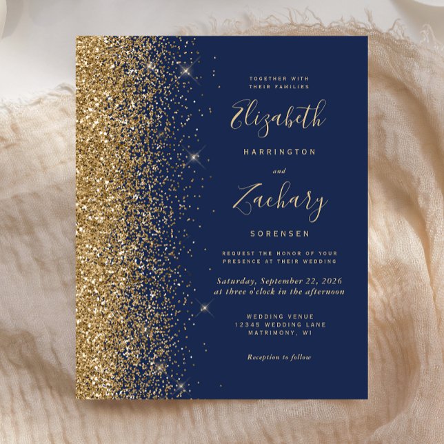 Convite de Casamento com Brilho Dourado Azul Marin (Criador carregado)