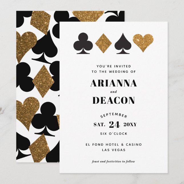 Convite de Casamento com Brilho Dourado de Cassino (Frente/Verso)