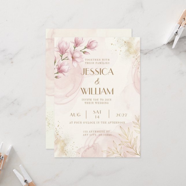 Convite de Casamento com Brilho Dourado e Magnólia (Frente/Verso In Situ)