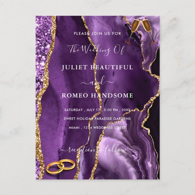 Convite de Casamento com Brilho Dourado Roxo (Frente)