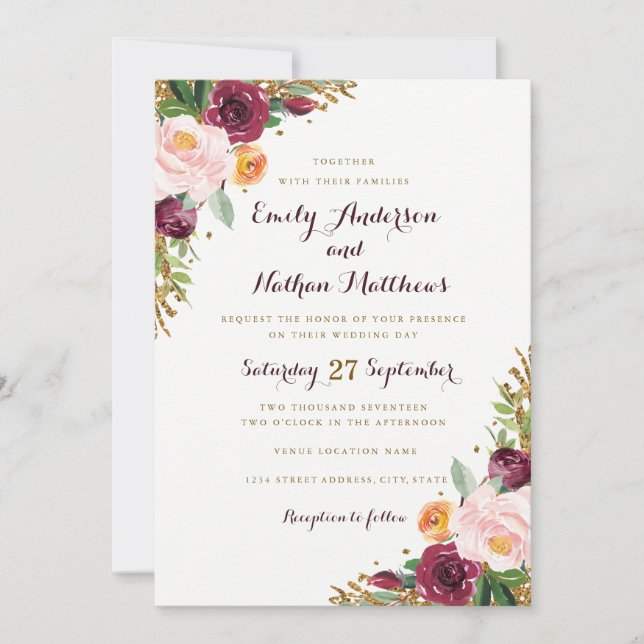 Convite de Casamento com Brilho Floral em Dourado  (Frente)