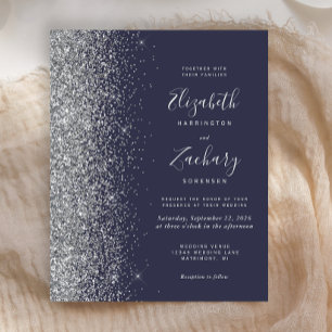Convite de Casamento com Brilho Prata Azul Escuro 
