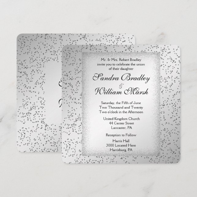 Convite de Casamento com Brilho Prateado (Frente/Verso)