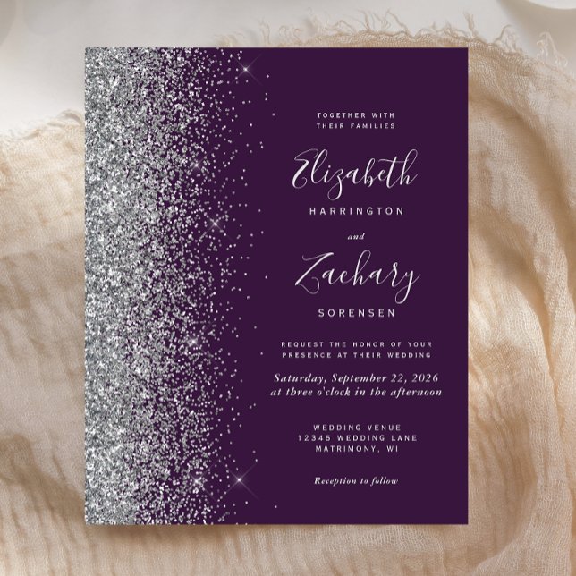 Convite de Casamento com Brilho Prateado e Roxo Es (Criador carregado)