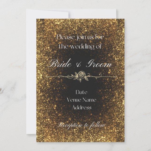 Convite de Casamento com Brilho Preto e Dourado (Frente)