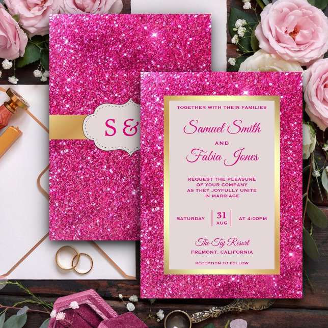 Convite de Casamento com Brilho Rosa Quente e Folh (Criador carregado)
