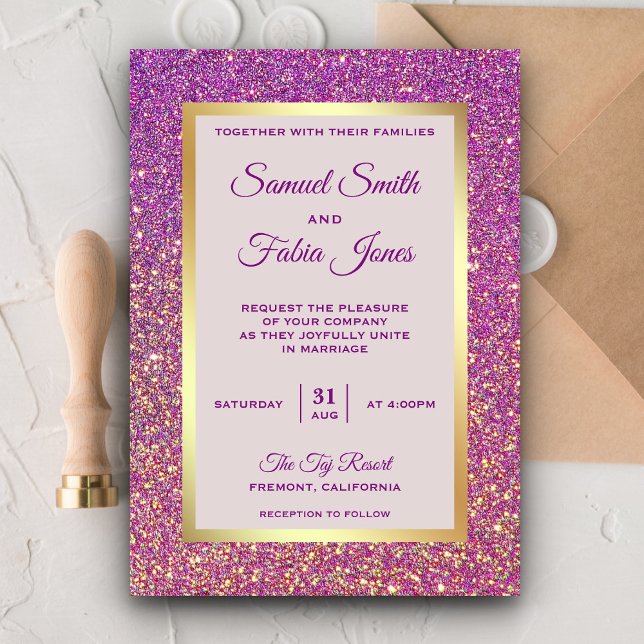 Convite de Casamento com Brilho Roxo e Folha Doura (Criador carregado)