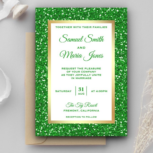 Convite de Casamento com Brilho Verde e Folha de O (Criador carregado)